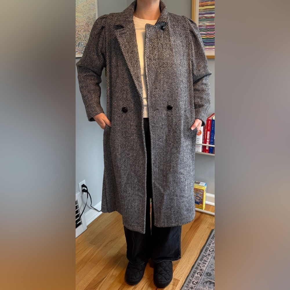 Vintage Wool Herringbone Long Coat – Size 10